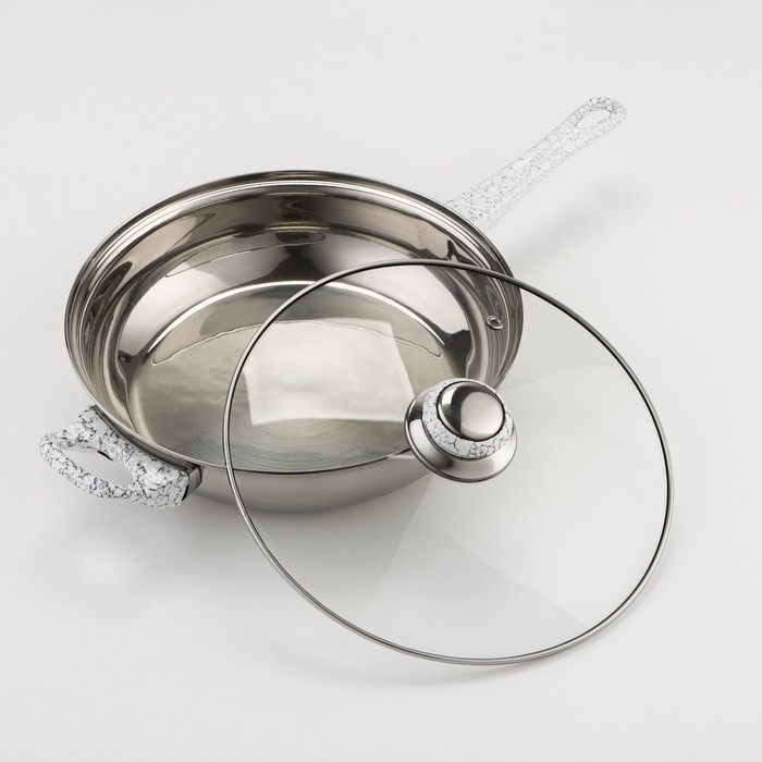 Набор посуды из нержавеющей стали Доляна &laquo;Мрамор&raquo;, 8 предметов: ковш 1,5 л, 2 кастрюли 2/3 л, сковорода d=24 см, крышки, стенки 0,3 мм, дно 5 мм