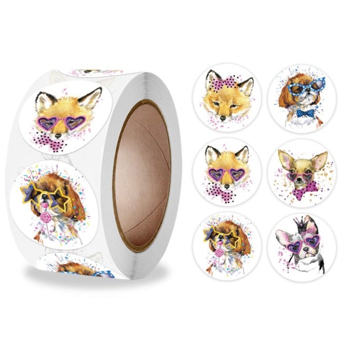 Наклейка бумага Наклейка бумага "Зверята в очках" d=2,5 см 500 шт в рулоне 3х6,5х6,5 см