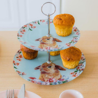 Фруктовница стеклянная 2-х ярусная круглая Доляна &laquo;Кролик&raquo;, d=25/20 см, цвет голубой