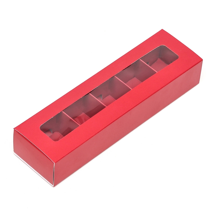 Коробка под 5 конфет с обечайкой, с окном, с тонкими разделителями, Красная 20*5,5*3,5