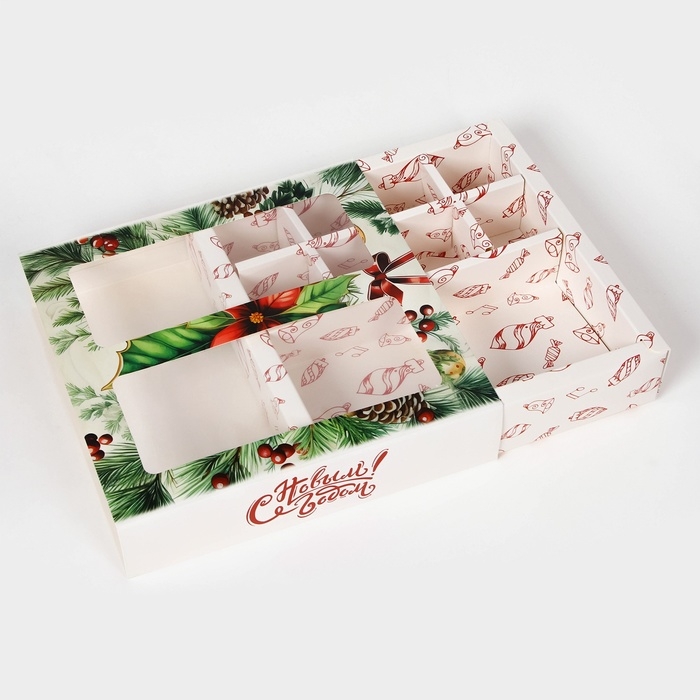 Новый год. Коробка под 8 конфет и шоколад, с окном Новый год. Коробка под 8 конфет и шоколад, с окном "Новогодние подарки", 17,7 х 17,8 х 3,8 см, кондитерская упаковка