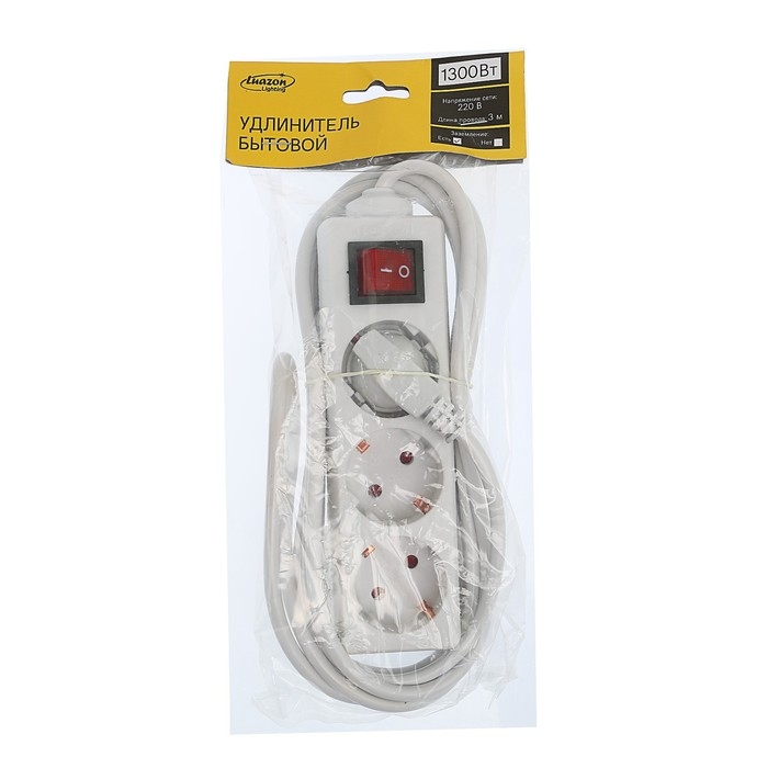 Удлинитель Luazon Lighting, 3 розетки, 3 м, 6 А, 1300 Вт, 3х0.75 мм2, с з/к, с выкл., Б Удлинитель Luazon Lighting, 3 розетки, 3 м, 6 А, 1300 Вт, 3х0.75 мм2, с з/к, с выкл., Б