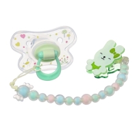 Соска - пустышка силиконовая ортодонтическая, от 12 мес., с колпачком + держатель &laquo;Зайка&raquo;, цвет зеленый