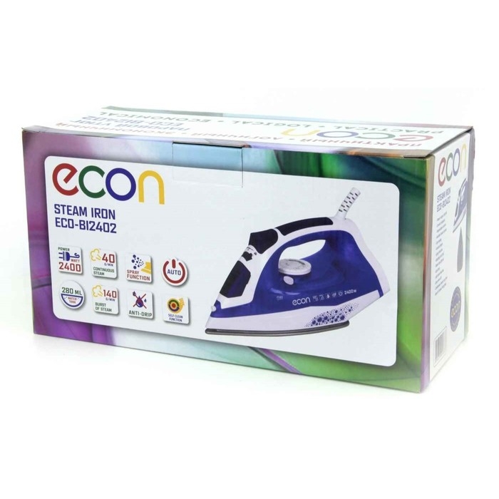 Утюг Econ ECO-BI2402, 2400Вт, керамическая подошва, 40 г/мин, 220 мл, цвет белый-синий Утюг Econ ECO-BI2402, 2400Вт, керамическая подошва, 40 г/мин, 220 мл, цвет белый-синий