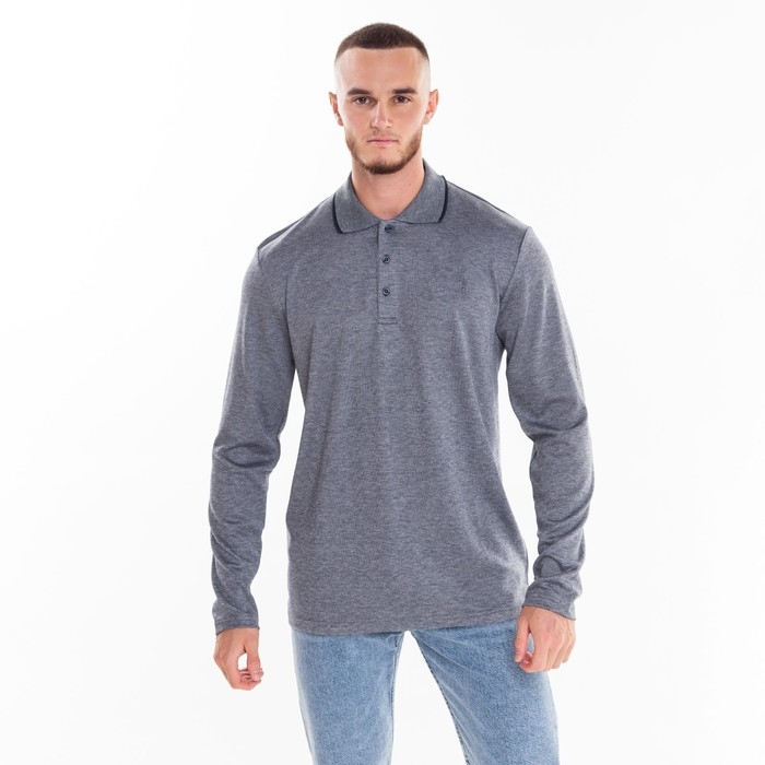 Поло мужское с длинным рукавом, цвет серый/синий, размер М