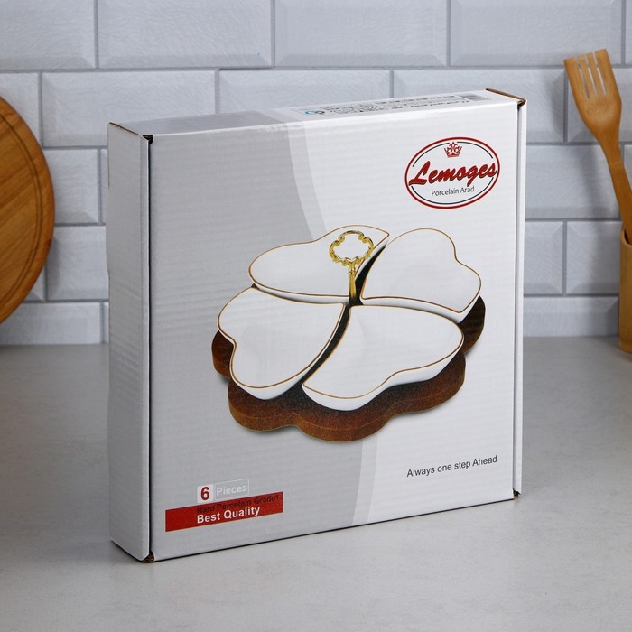 Менажница «Сердце», 4 шт: 300 мл, деревянное основание, фарфор, Иран Менажница «Сердце», 4 шт: 300 мл, деревянное основание, фарфор, Иран