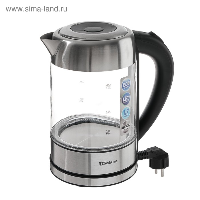 Чайник электрический Sakura SA-2720SBK, стекло, 1.7 л, 2200 Вт, серебристый Чайник электрический Sakura SA-2720SBK, стекло, 1.7 л, 2200 Вт, серебристый