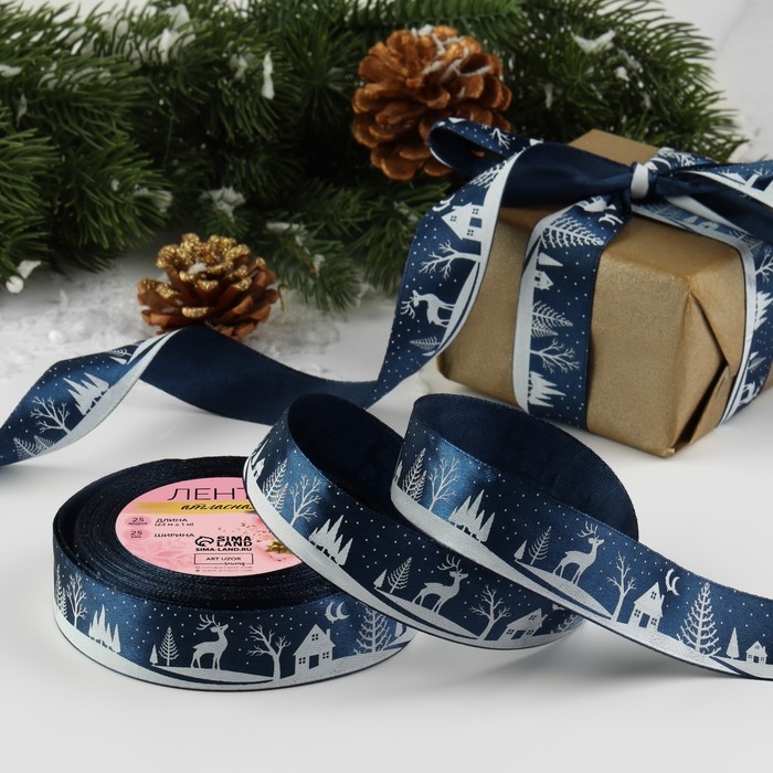 Новый год! Лента атласная &laquo;Ночная сказка&raquo;, 25 мм, 23 &plusmn; 1 м, цвет тёмно-синий №120