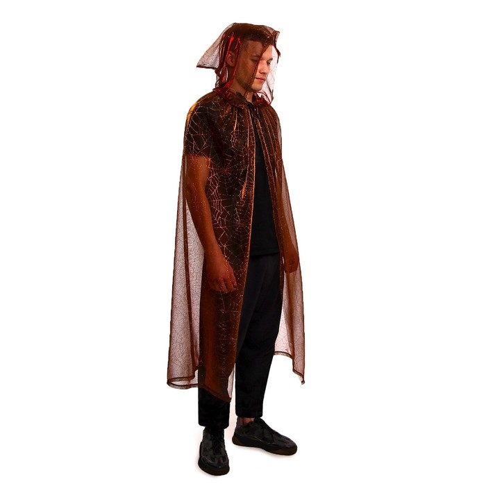 Карнавальный плащ &laquo;Мерцающая золотая паутина&raquo;, с капюшоном, сетка, длина 120 см