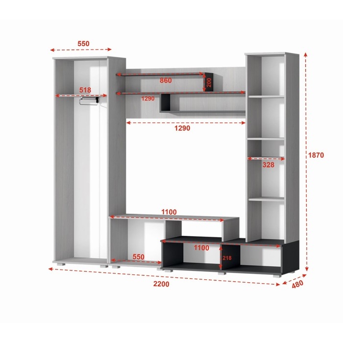 Гостиная Юна, 2200х480х1870, Анкор светлый/Графит