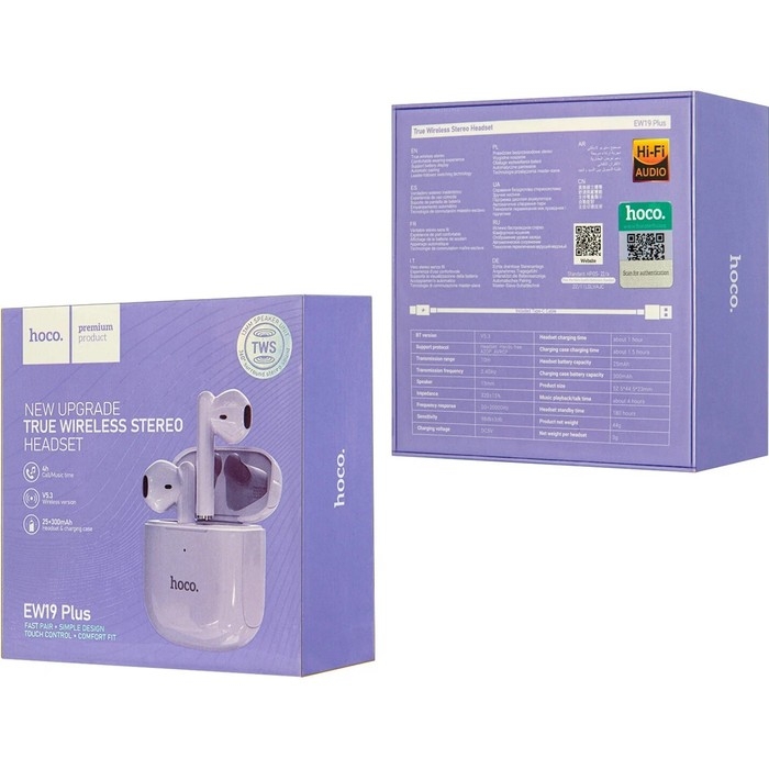 Наушники Hoco EW19, TWS, беспроводные, вкладыши, BT 5.3, 25/300 мАч, фиолетовые Наушники Hoco EW19, TWS, беспроводные, вкладыши, BT 5.3, 25/300 мАч, фиолетовые