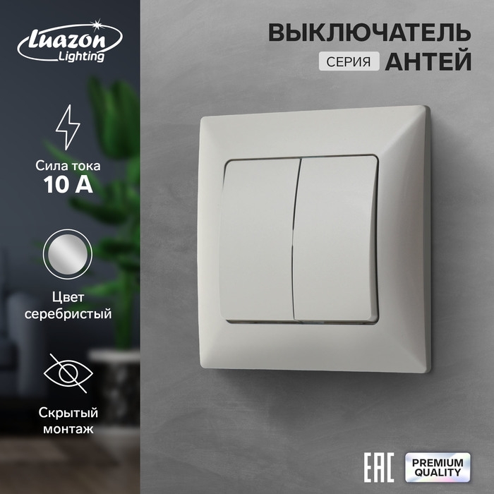 Выключатель Luazon Lighting "Антей", 10 А, 2 клавиши, скрытый, серебристый