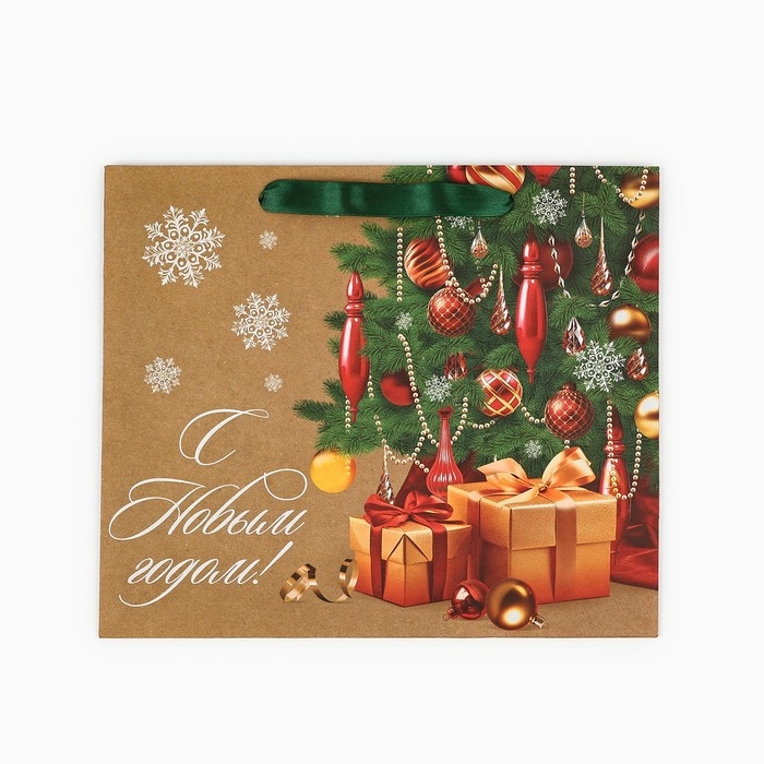 Пакет подарочный новогодний крафтовый вертикальный &laquo;С Новым годом&raquo;, ель, ML 23 х 27 х 11.5 см , Новый год