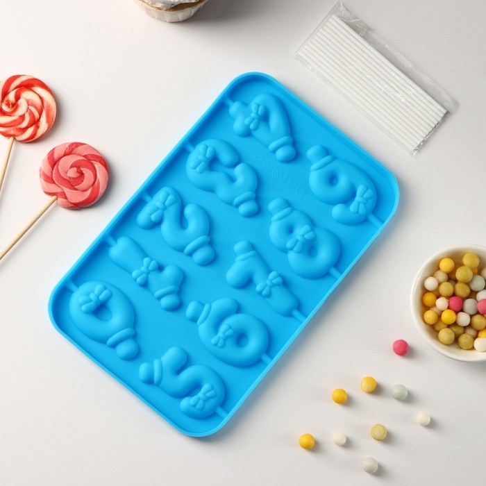 Форма для леденцов Доляна &laquo;Цифры-мальчики&raquo;, силикон, 22&times;14&times;1 см, 10 ячеек (5,5&times;3,5 см), с палочками, цвет синий