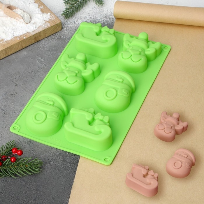 Форма для выпечки новогодняя Доляна &laquo;Новый год&raquo;, силикон, 27&times;17&times;3 см, 6 ячеек (8&times;7&times;3 см), цвет зелёный