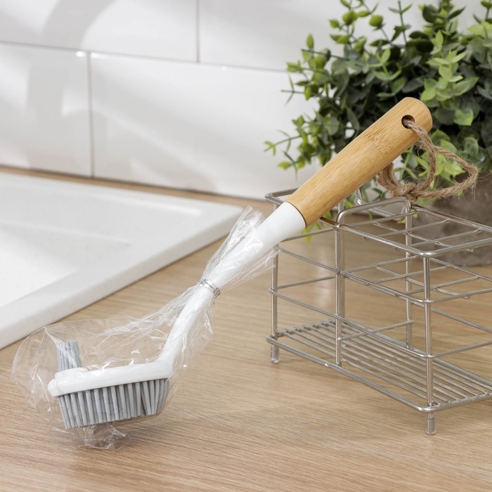 Щётка для посуды Доляна Meli, бамбуковая ручка, двухсторонняя, ворс TPR 1,8 см, 5&times;26,5 см