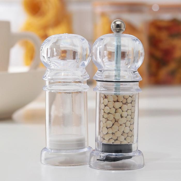 Набор для специй Доляна &laquo;Льдинки&raquo;, h=10 см, 2 шт: мельница, солонка, цвет прозрачный