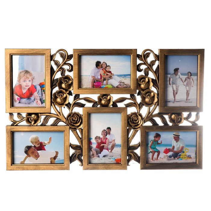 Фоторамка пластик на 6 фото 10х15 см Фоторамка пластик на 6 фото 10х15 см "Куст роз" тёмное золото 35,5х56,5х2 см