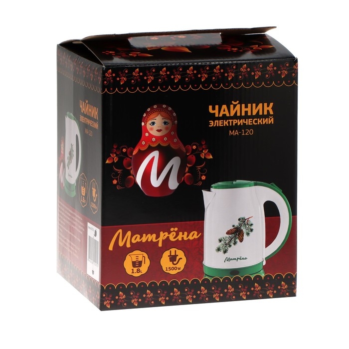 Чайник электрический МАТРЁНА MA-120, металл, 1.8 л, 1500 Вт, бело-зелёный с рисунком Чайник электрический МАТРЁНА MA-120, металл, 1.8 л, 1500 Вт, бело-зелёный с рисунком "Шишки"