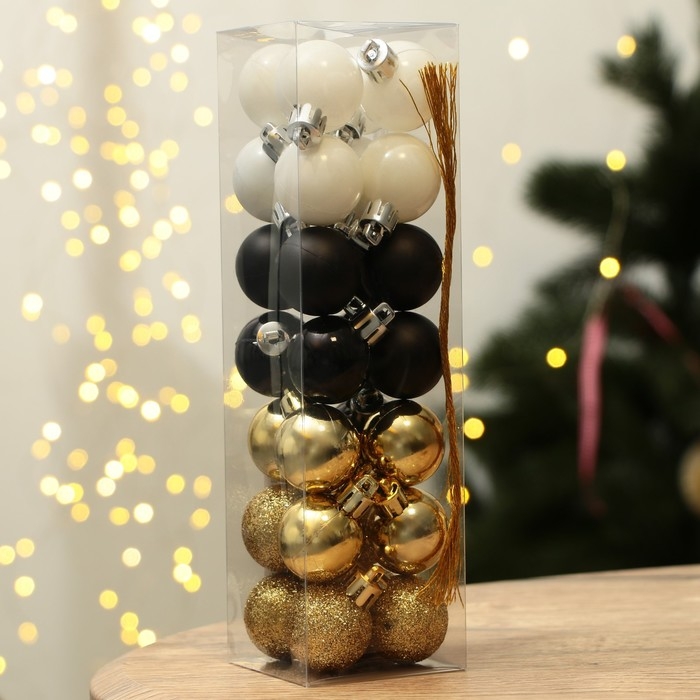 Шары ёлочные новогодние, на Новый год, пластик, d=3 см, 28 шт., цвет чёрный, белый и золотой Шары ёлочные новогодние, на Новый год, пластик, d=3 см, 28 шт., цвет чёрный, белый и золотой