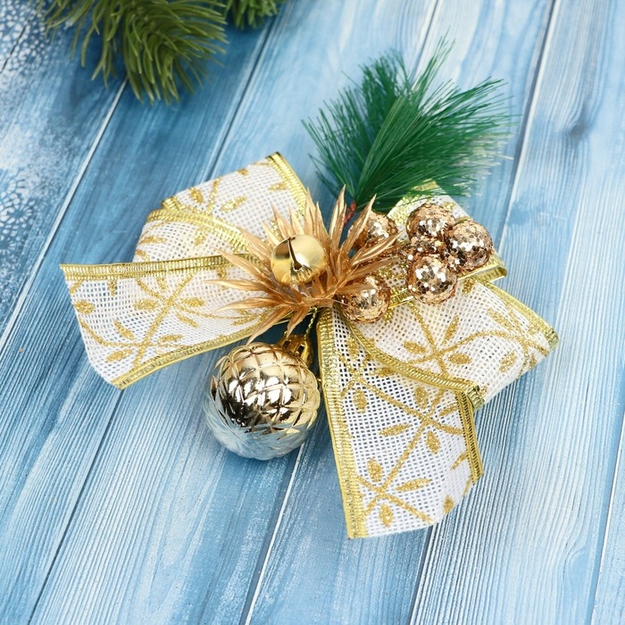 Украшение ёлочное "Еловая композиция" (набор 2 шт) бант с принтом, 11х13 см, бело-золотой