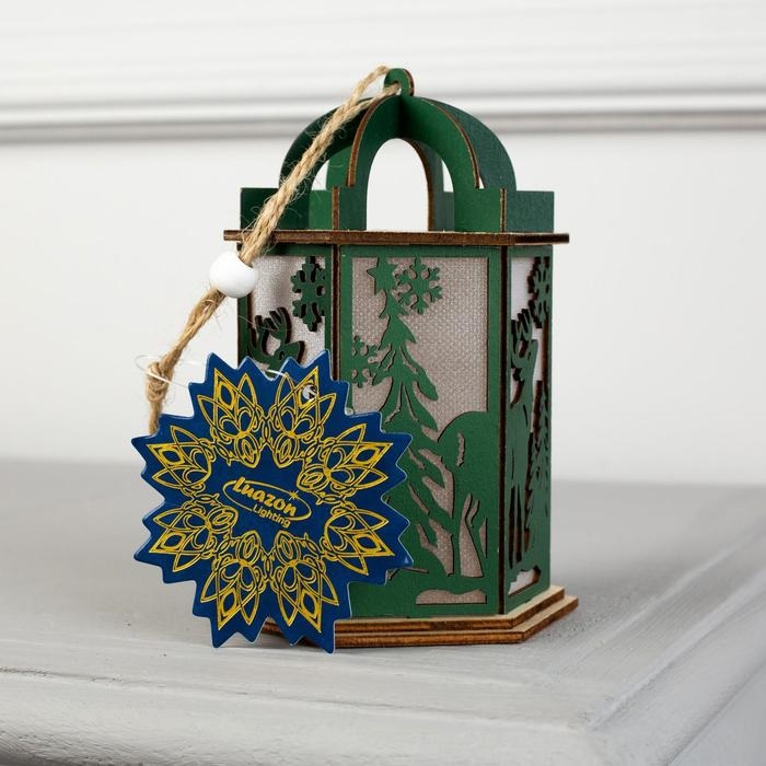 Ёлочная игрушка &laquo;Зелёный фонарь с оленем&raquo;, от батареек, свечение тёплое белое