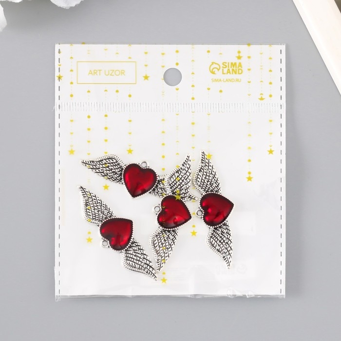 Декор для творчества металл Декор для творчества металл "Красное сердце крылья" серебро эмаль 5,3х1,8 см