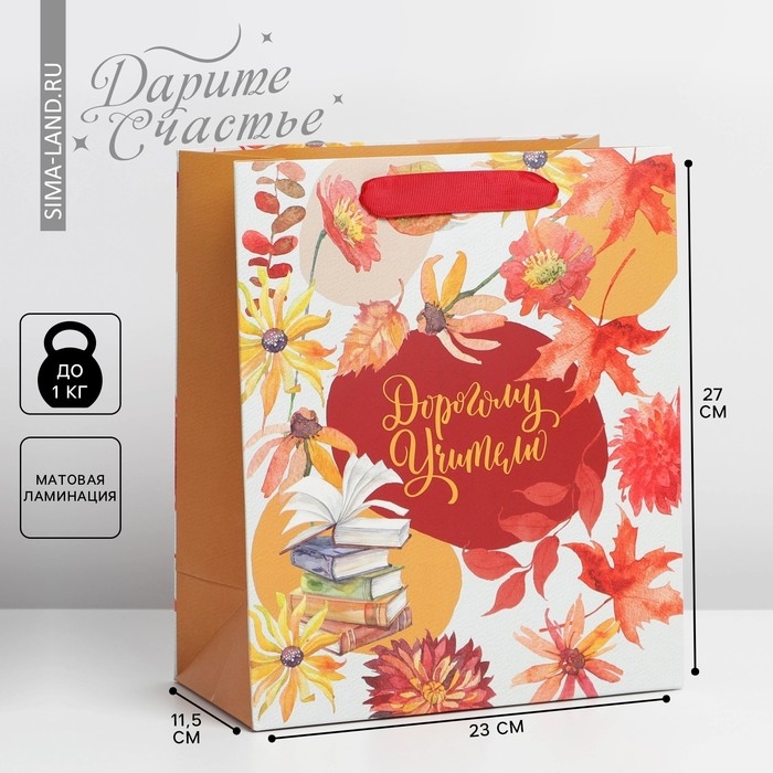 Пакет подарочный ламинированный вертикальный, упаковка, &laquo;Дорогому учителю&raquo;, ML 27 х 23 х 11,5 см