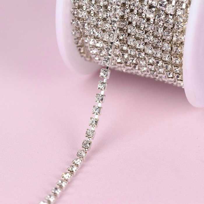 Цепь со стразами, металл, стекло, 2 мм, 9 &plusmn; 1 м, цвет серебряный