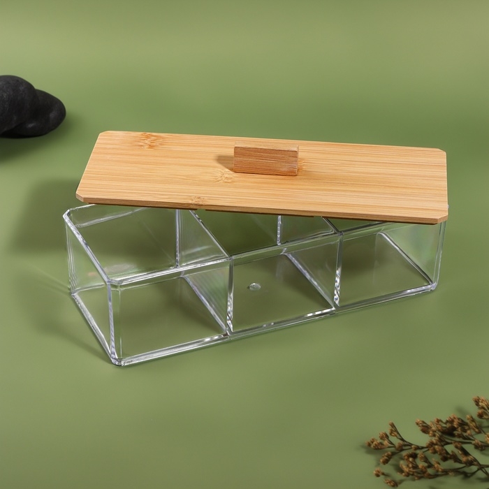Органайзер для хранения «BAMBOO», с крышкой, 3 секции, 23,3 × 9,4 × 8,9 см, цвет прозрачный/коричневый Органайзер для хранения «BAMBOO», с крышкой, 3 секции, 23,3 × 9,4 × 8,9 см, цвет прозрачный/коричневый