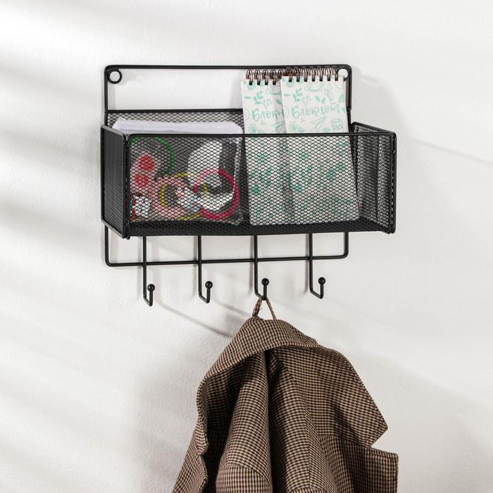 Полка на 4 крючка Доляна «Кантри», 15×27×24 см, цвет чёрный Полка на 4 крючка Доляна «Кантри», 15×27×24 см, цвет чёрный