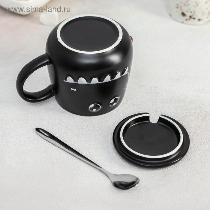 Кружка керамическая с крышкой и ложкой &laquo;Зубастик&raquo;, 480 мл, цвет МИКС