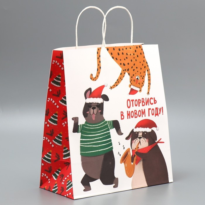 Пакет подарочный новогодний крафтовый &laquo;Оторвемся&raquo;, 28 х 32 х 15 см, Новый год
