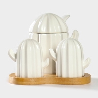 Набор фарфоровый для специй на подставке из бамбука BellaTenero «Кактусы», 12×12,5×10 см, цвет белый Набор фарфоровый для специй на подставке из бамбука BellaTenero «Кактусы», 12×12,5×10 см, цвет белый