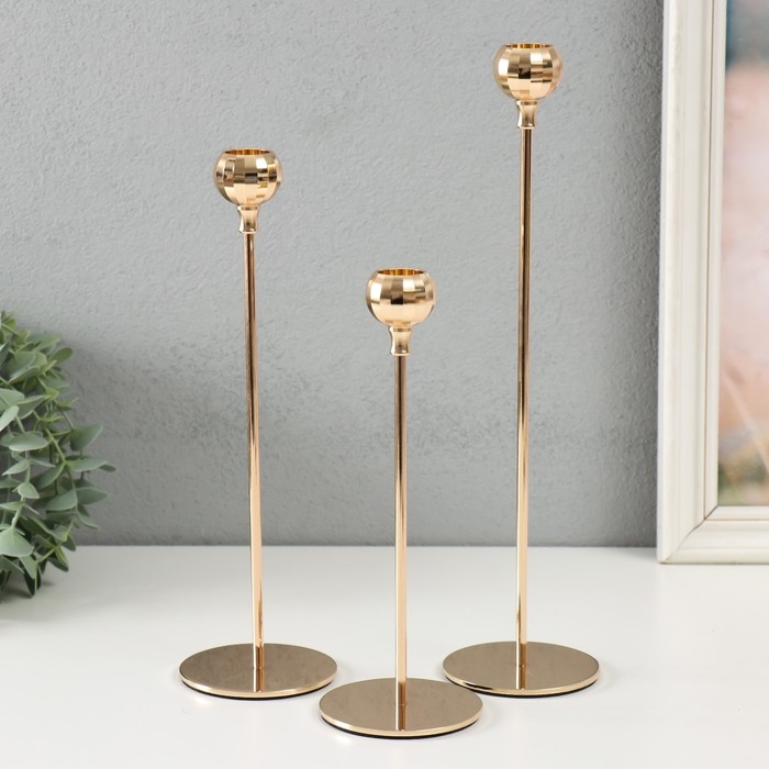 Подсвечник металл Подсвечник металл "Шар с гранями" d=2 см набор 3 шт золото 22 см, 27 см, 32 см