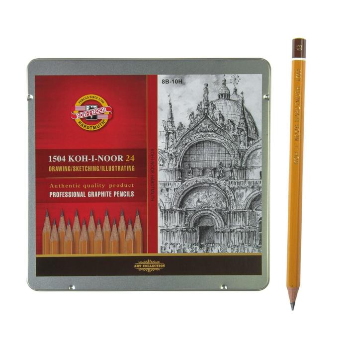Набор карандашей чернографитных разной твердости 24 штуки Koh-i-Noor 1504 ART, 8В-10Н, в металлическом пенале Набор карандашей чернографитных разной твердости 24 штуки Koh-i-Noor 1504 ART, 8В-10Н, в металлическом пенале