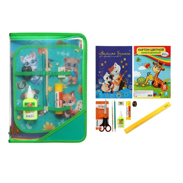 Папка для труда А4, 325 х 230 х 25 мм, молния вокруг, откидная планка, пластиковая, ПТР-1 Папка для труда А4, 325 х 230 х 25 мм, молния вокруг, откидная планка, пластиковая, ПТР-1 "Зверята", с наполнением 10 предметов