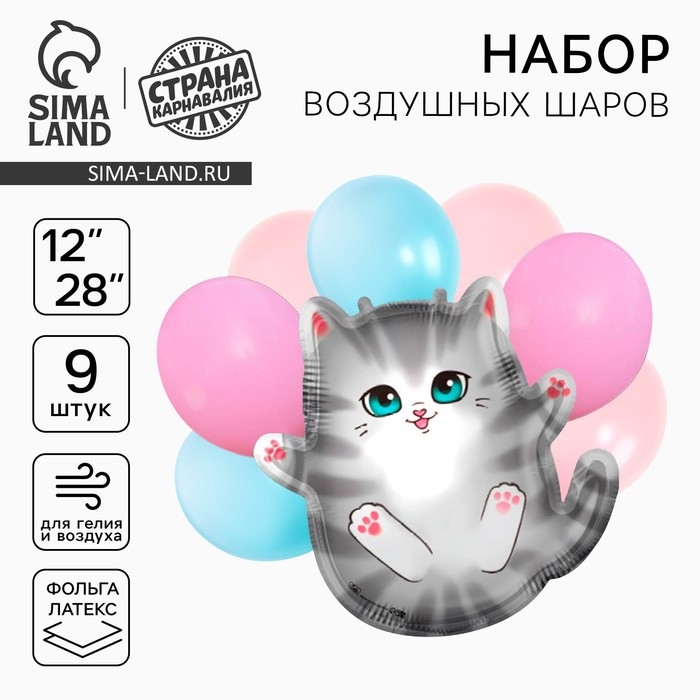 Набор воздушных шаров Набор воздушных шаров "Серый котик", фольга, латекс, 9 шт.