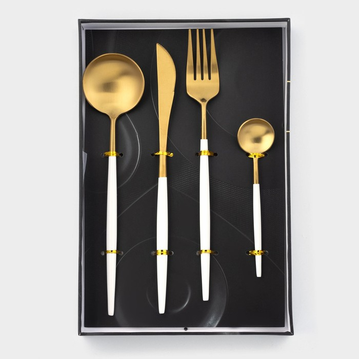 Столовые приборы из нержавеющей стали Magistro &laquo;Фолк&raquo;, 4 предмета, цвет металла золотой, белые ручки