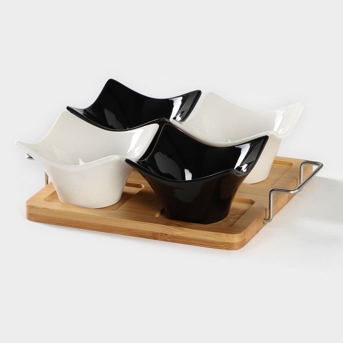 Набор салатников керамических на деревянной подставке &laquo;Инь-Янь.Квадрат&raquo;, 5 предметов: 4 салатника 80 мл, подставка, цвет белый и чёрный