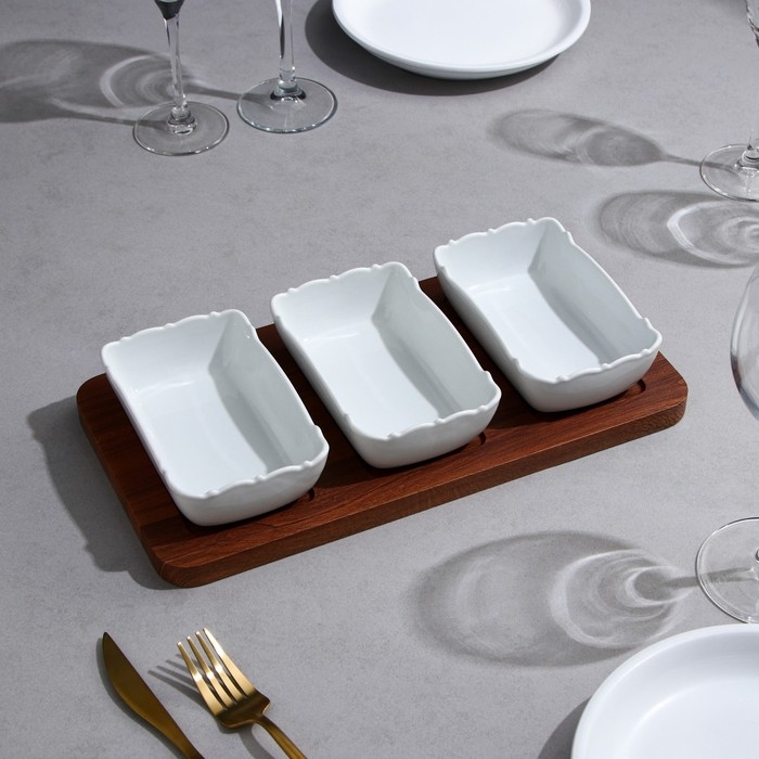 Менажница «Волна», 3 шт:400 мл, деревянное основание, фарфор, Иран Менажница «Волна», 3 шт:400 мл, деревянное основание, фарфор, Иран