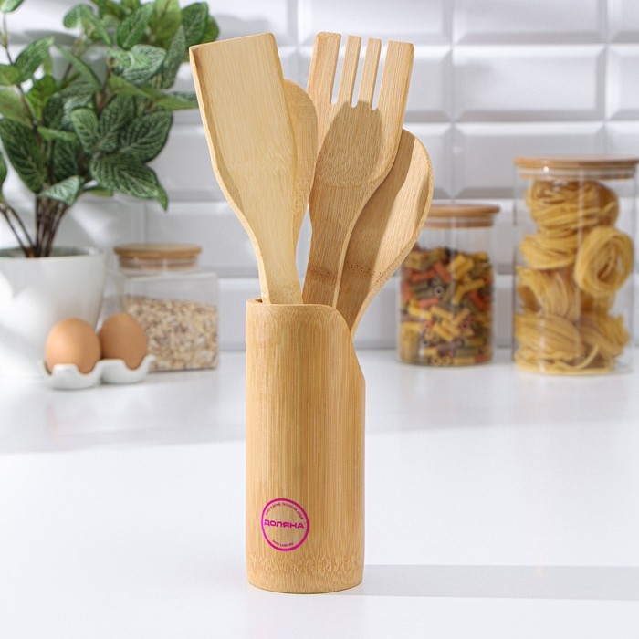 Набор кухонных принадлежностей Доляна &laquo;Дуновение леса&raquo;, 4 предмета на подставке: 2 лопатки, 2 ложки