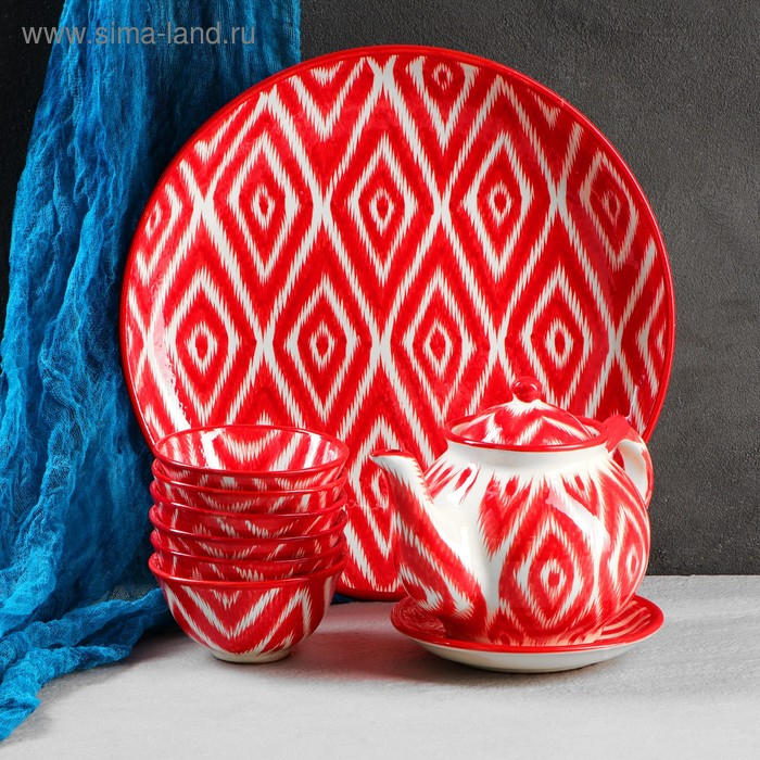 Набор чайный Риштанская керамика Набор чайный Риштанская керамика "Атлас", 9 предметов (чайник-0,8л,пиалы-0,5/0,3л)