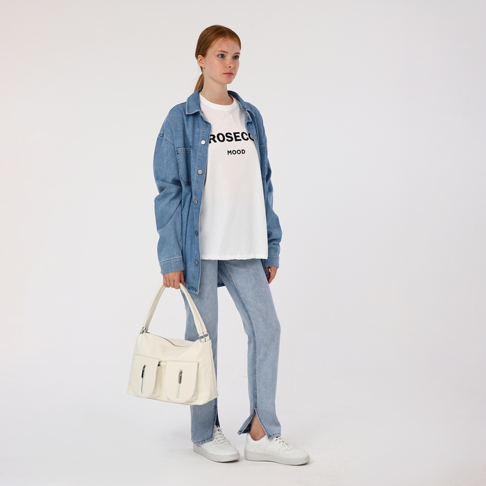 Сумка-тоут на молнии, 3 наружных кармана, цвет белый Сумка-тоут на молнии, 3 наружных кармана, цвет белый