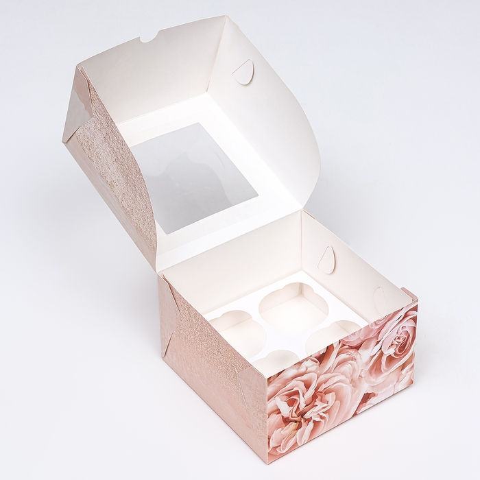 Коробка для 4 капкейков с окном , "Пионы", 16 х 16 х 10 см