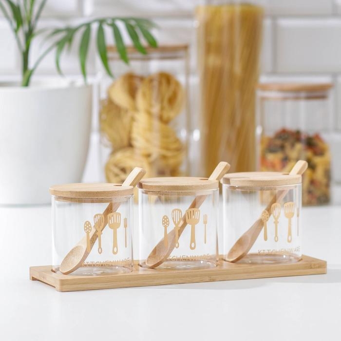 Набор банок стеклянных для сыпучих продуктов «Тройка», 350 мл, с ложками Набор банок стеклянных для сыпучих продуктов «Тройка», 350 мл, с ложками