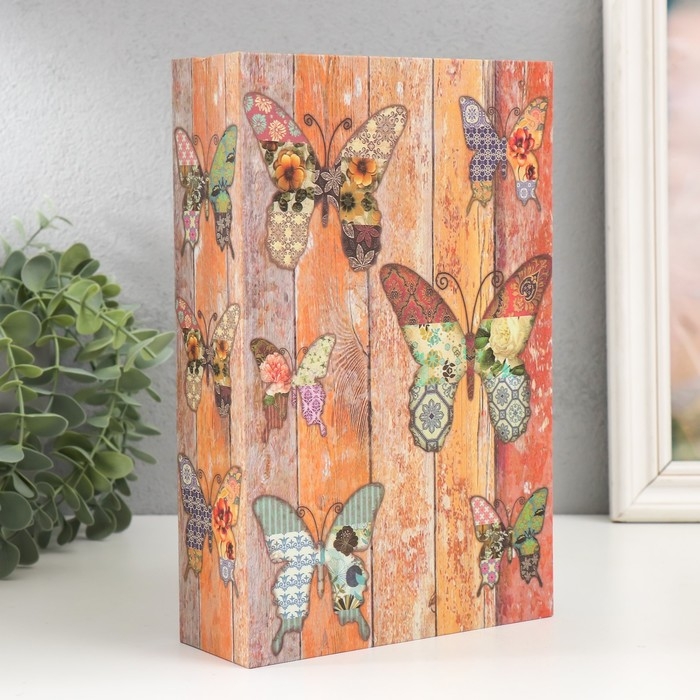 Шкатулка сейф книга пластик, металл Шкатулка сейф книга пластик, металл "Бабочки пэчворк" 5,5х15,5х24 см