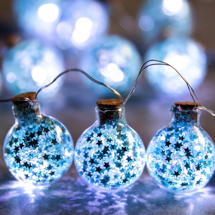 Гирлянда &laquo;Нить&raquo; 1.6 м с насадками &laquo;Бирюзовые шарики&raquo;, IP20, серебристая нить, 15 LED, батарейки ААх2 (нет в комплекте), свечение белое