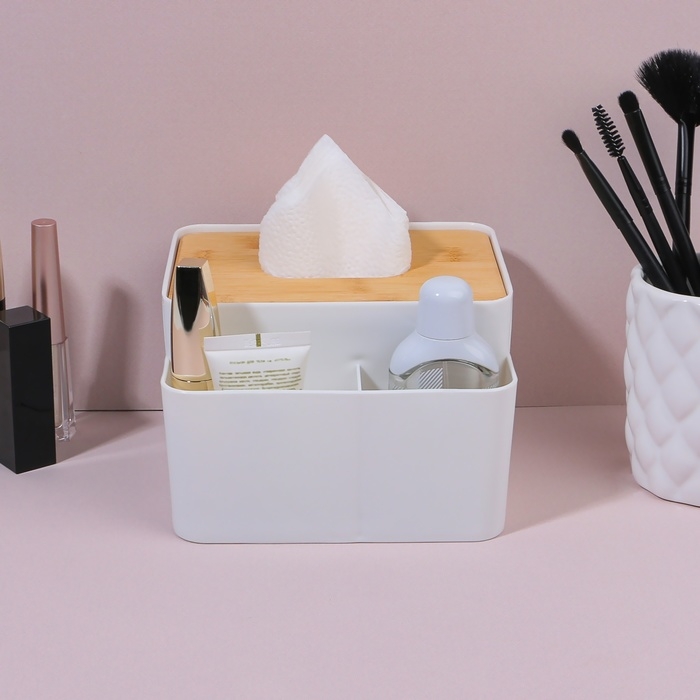 Органайзер для хранения «BAMBOO», с крышкой, 3 секции, 16 × 15 × 10 см, цвет белый/коричневый Органайзер для хранения «BAMBOO», с крышкой, 3 секции, 16 × 15 × 10 см, цвет белый/коричневый