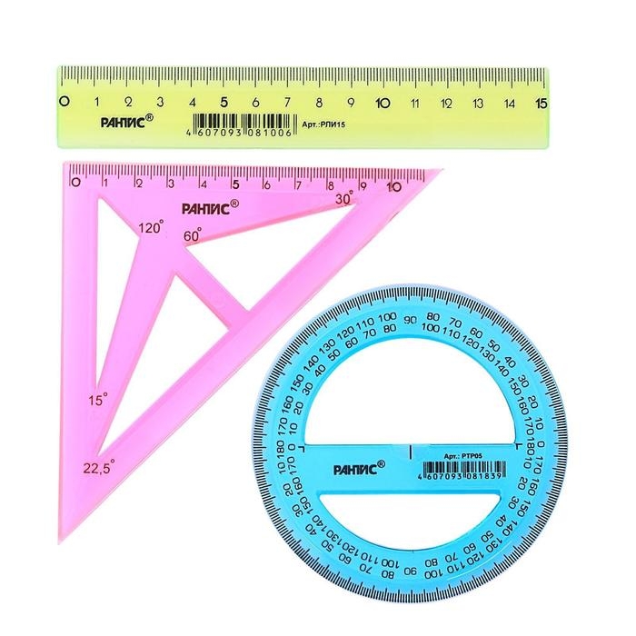 Набор чертёжный Набор чертёжный "РАНТИС", малый (линейка 15 см, транспортир 10 см, треугольник-трафарет), микс
